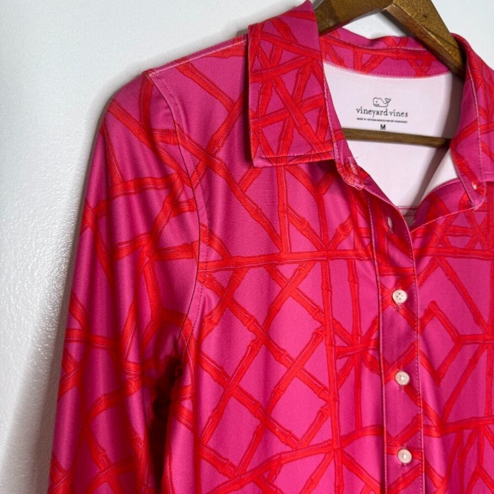 Vineyard Vines Bambo Shirt Dress Medium Pink Red Geo Margo Stretch Preppy Resort